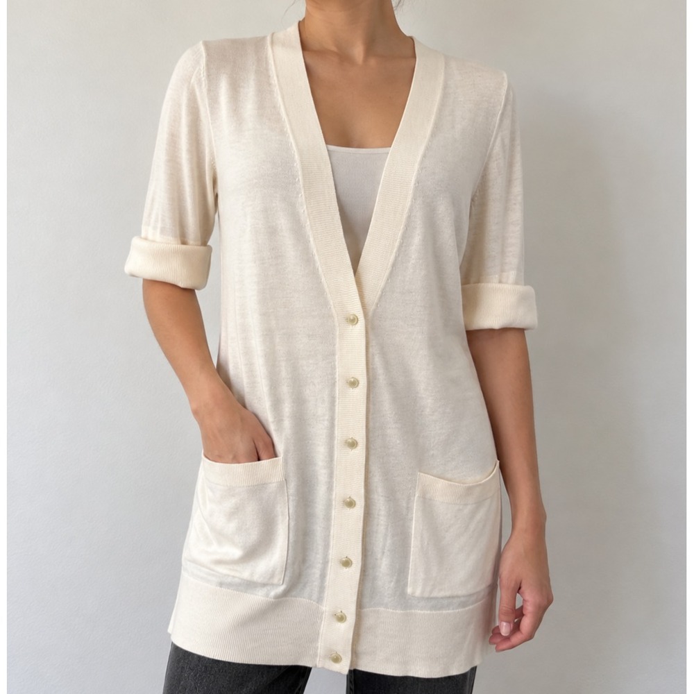LOFT Cardigan Womens S Ivory Longline Button Front Short Sleeve Sweater Pockets